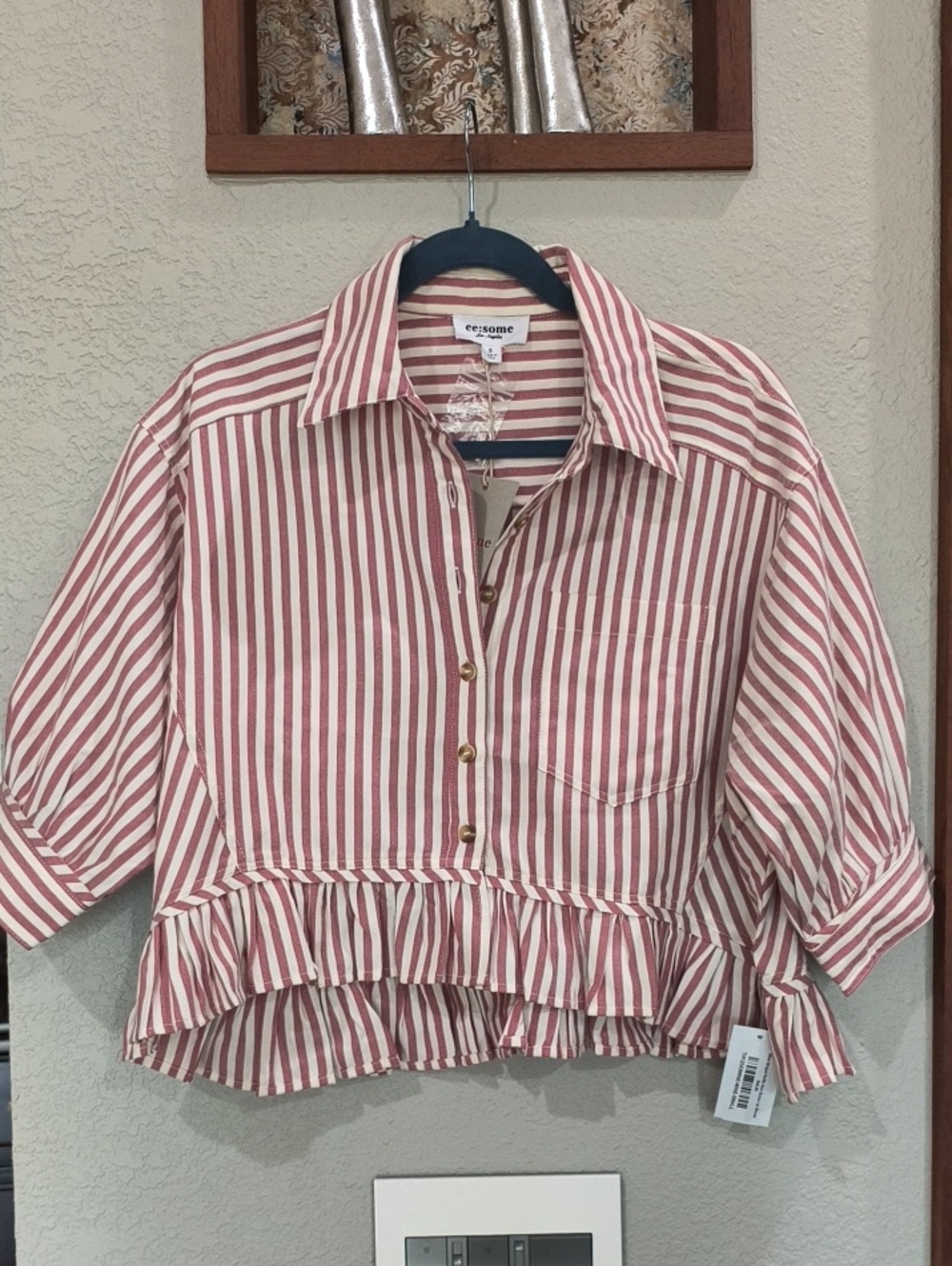 New Wine Stripe Ruffle Hem Button-Up Top